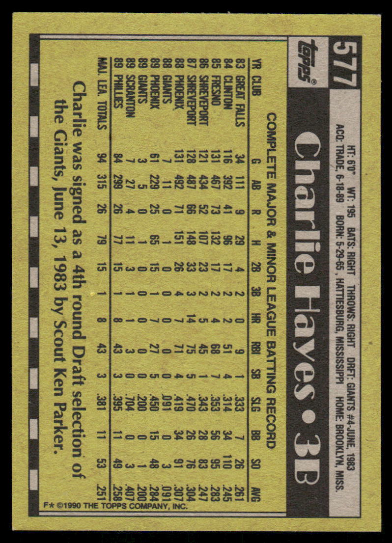 1990 Topps Charlie Hayes #577T Baseball