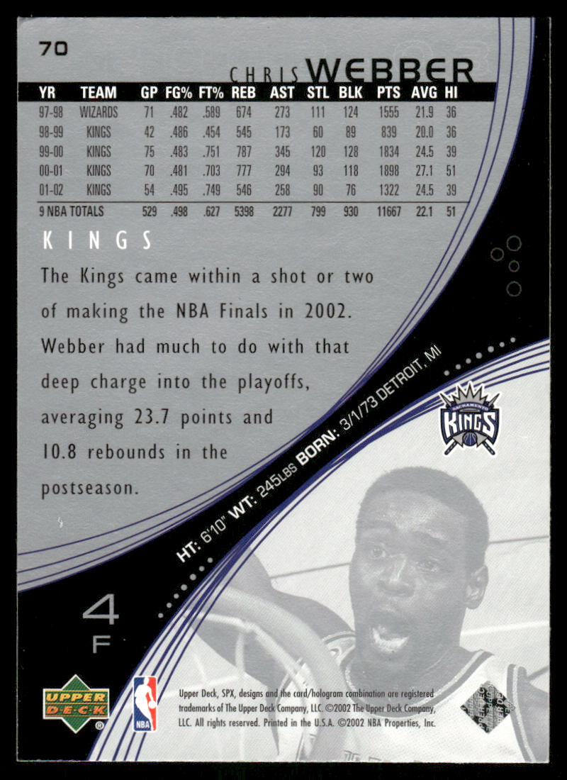 2002-03 Upper Deck NBA Chris Webber #70 Basketball