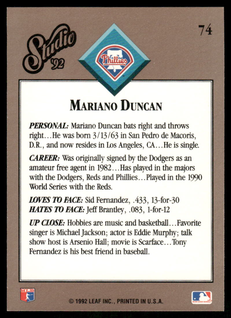 1992 Studio Mariano Duncan #74 Baseball