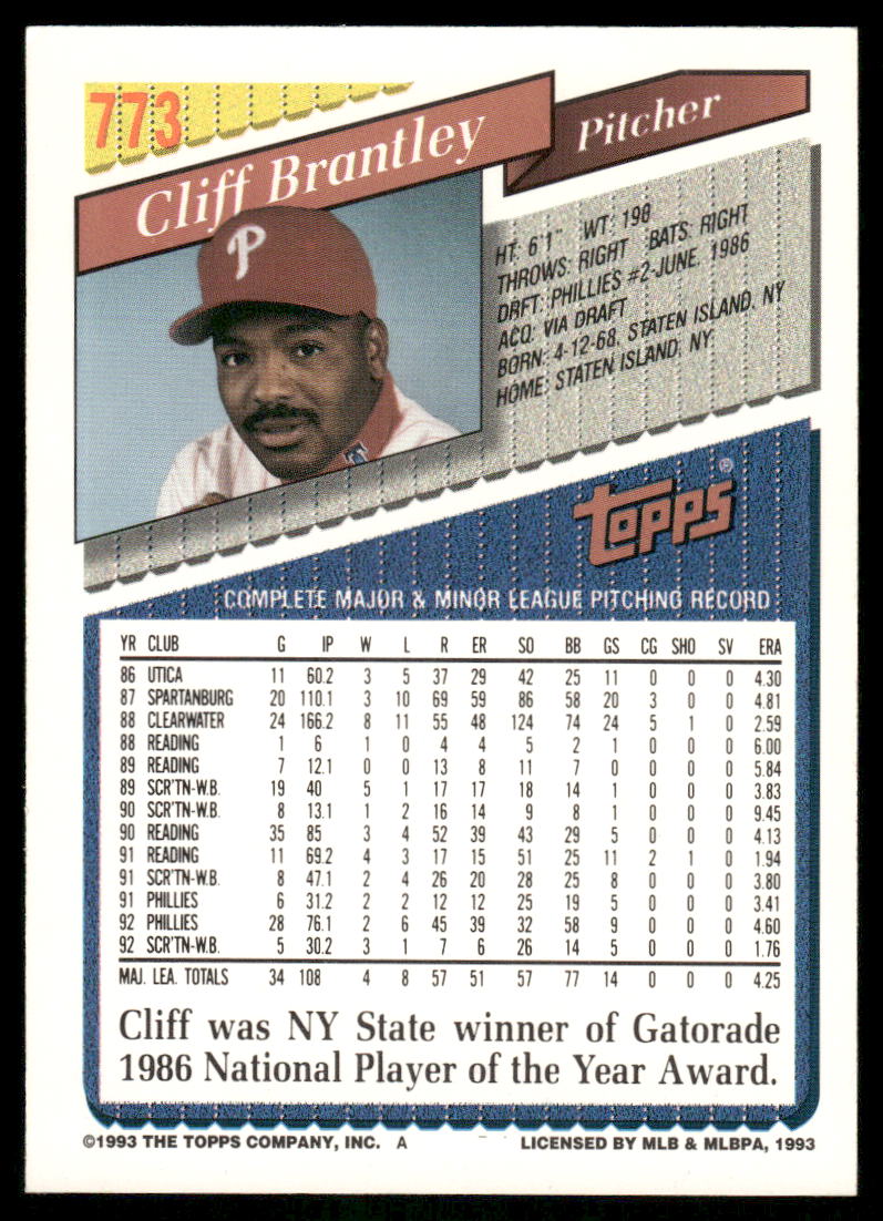 1993 Topps Cliff Brantley #773 Baseball