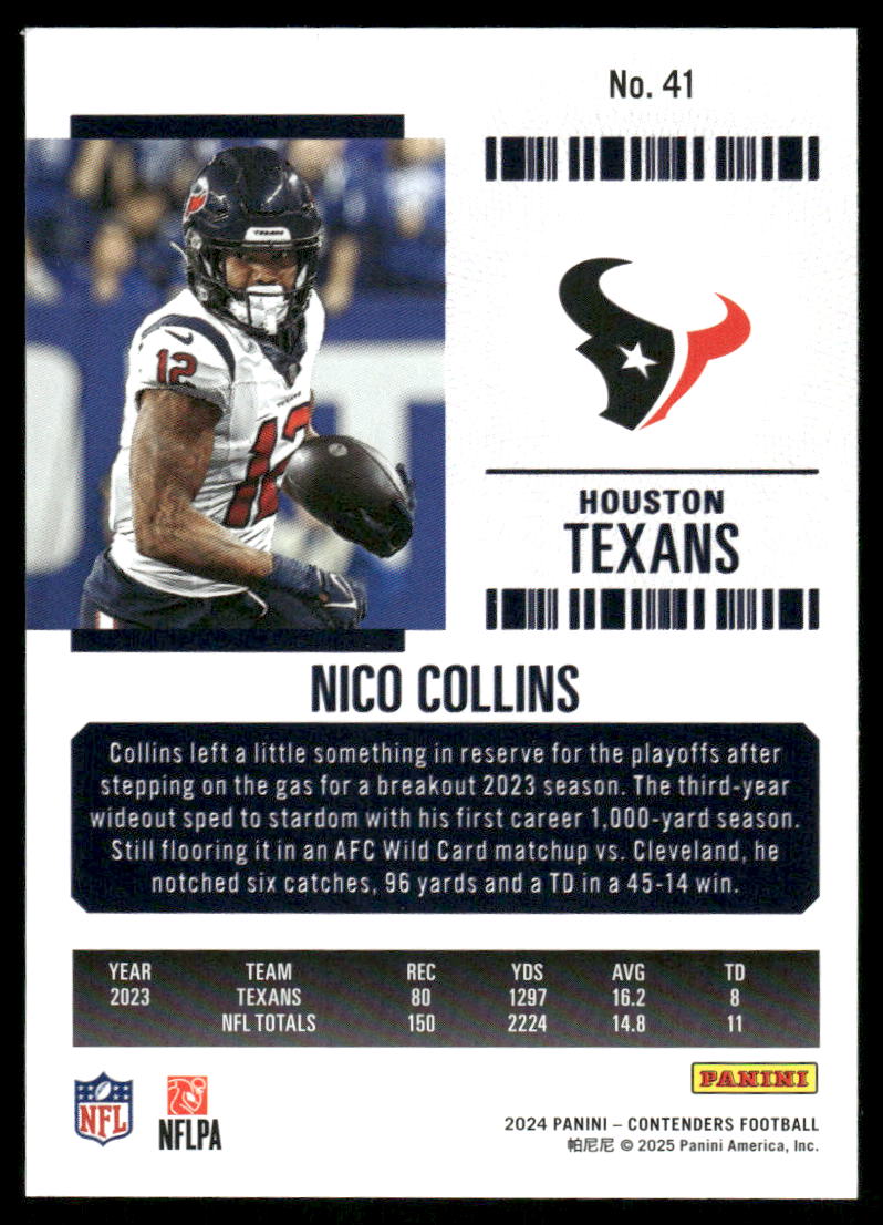 2025 Panini Contenders Football Nico Collins #41 Football