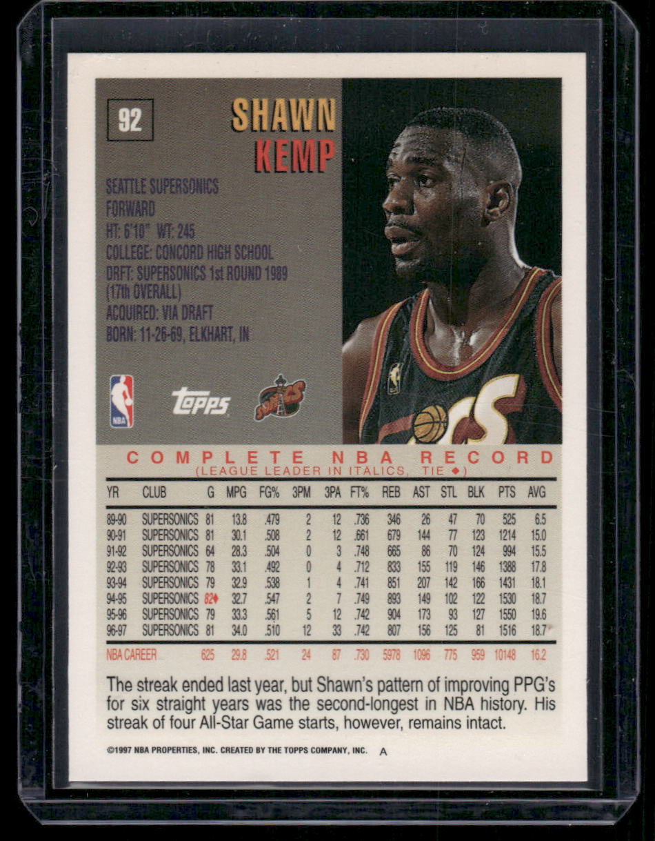 1997 Topps Shawn Kemp #92 Basketball