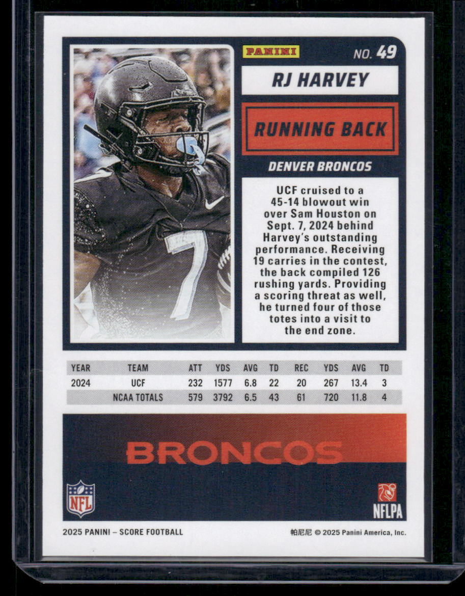 2025 Panini Score RJ Harvey #49 RC Football