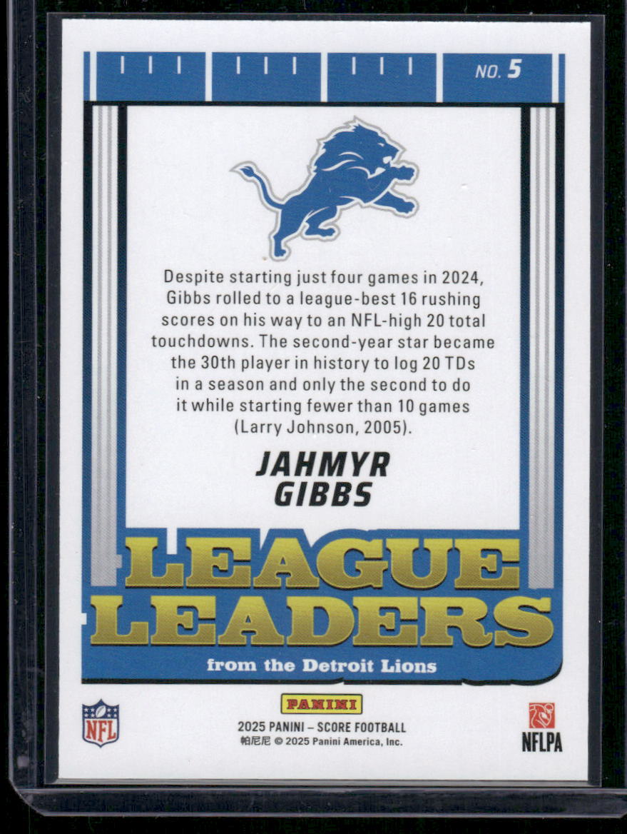 2025 Panini Score League Leaders Jahmyr Gibbs #5 Football