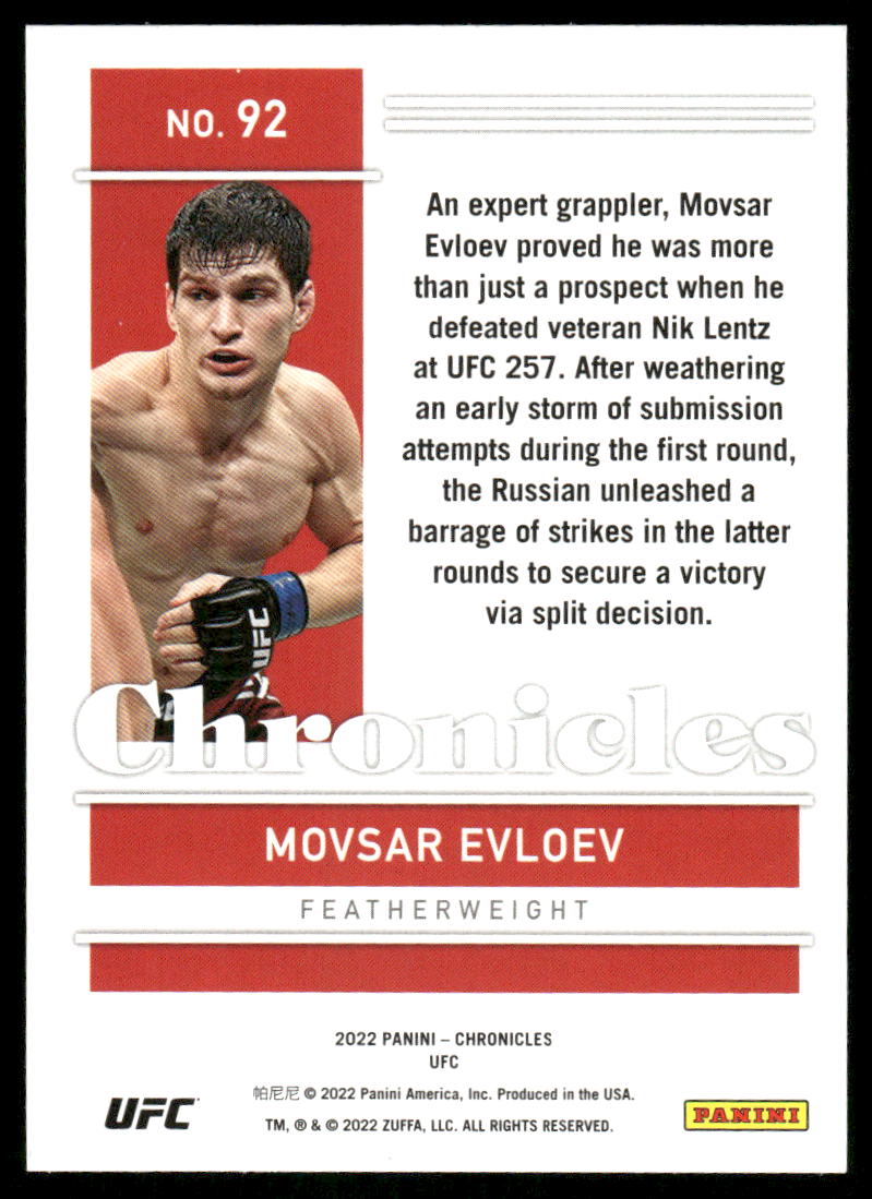 2022 Panini Chronicles UFC Movsar Evloev #92 RC Mixed Martial Arts (MMA)
