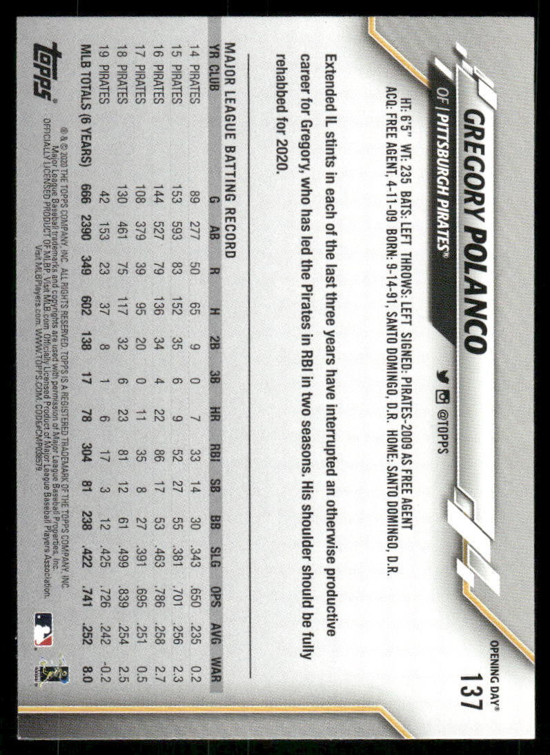 2020 Topps Opening Day Gregory Polanco #137 Baseball