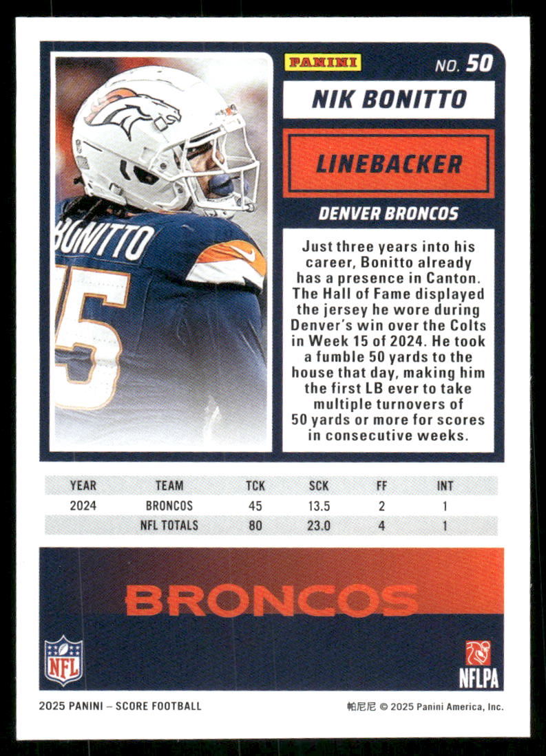 2025 Panini Score Nik Bonitto #50 Football
