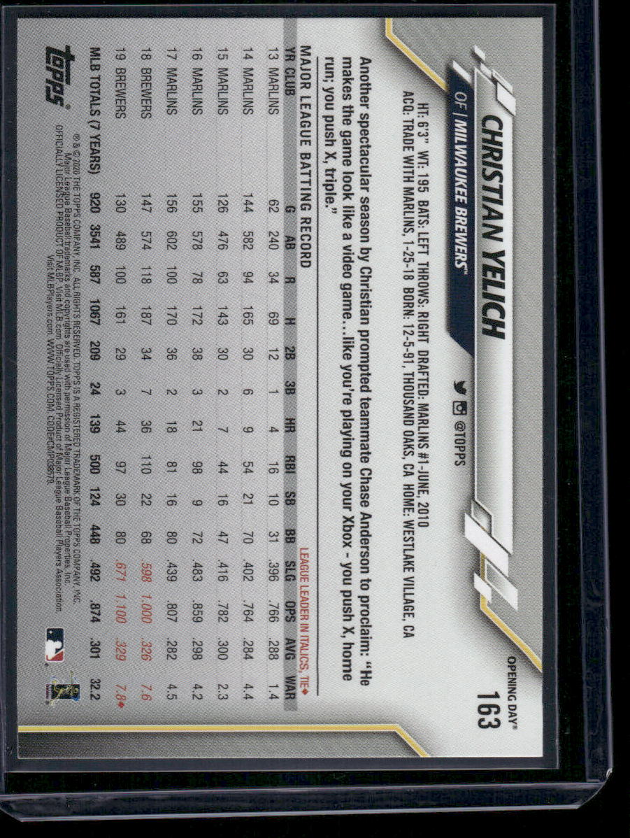 2020 Topps Opening Day Christian Yelich #163 Baseball