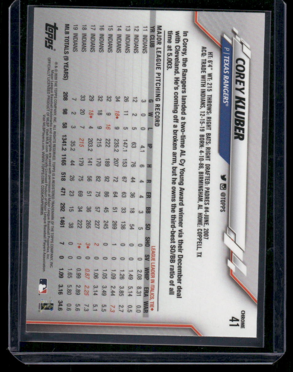 2020 Topps Chrome Corey Kluber #41 Baseball