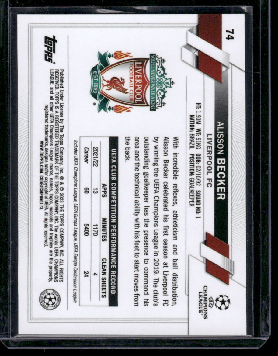 2023 Topps Chrome Alisson Becker #74 Refractor Soccer