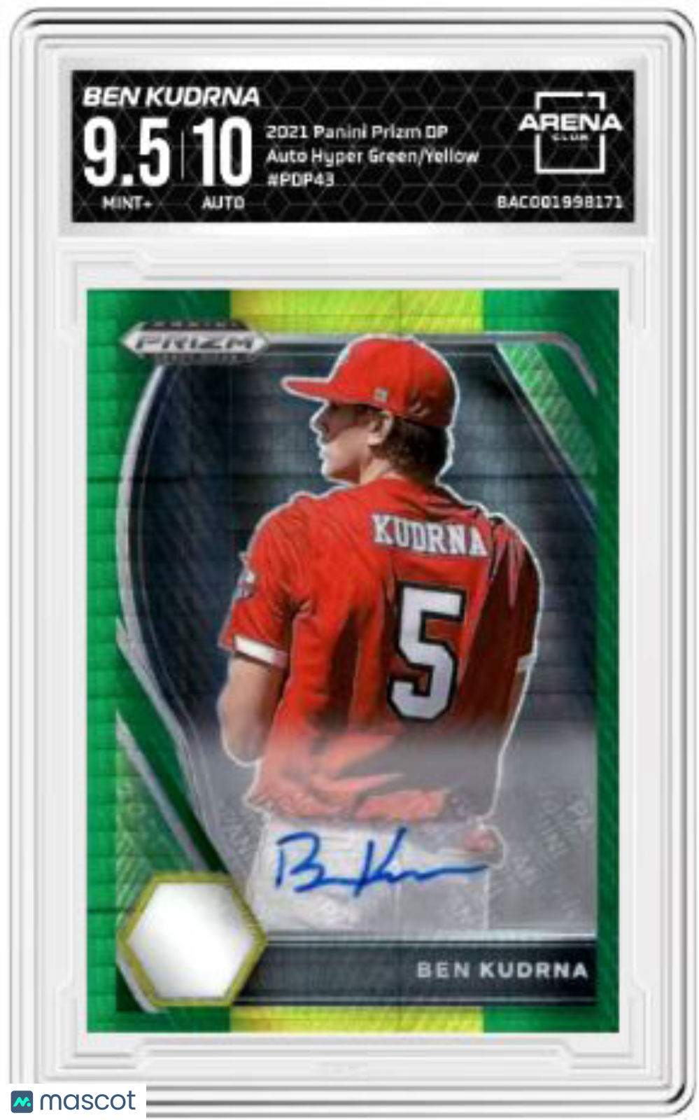 2021 Panini Prizm DP Ben Kudrna #PDP43 Green/Yellow Auto Baseball Arena Club 9.5