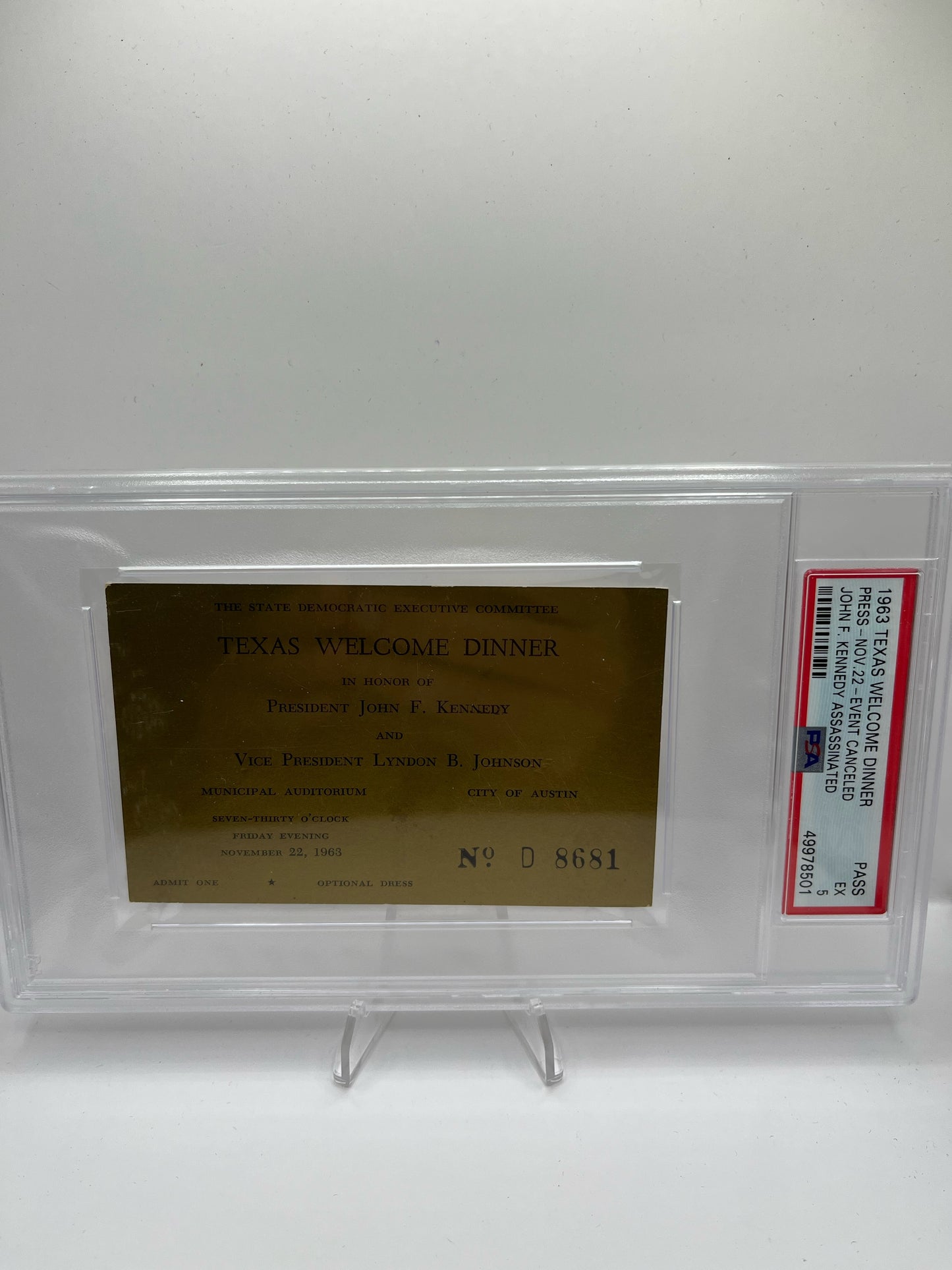 1963 Texas Welcome Dinner-Ticket John F. Kennedy Assassinated PSA 5
