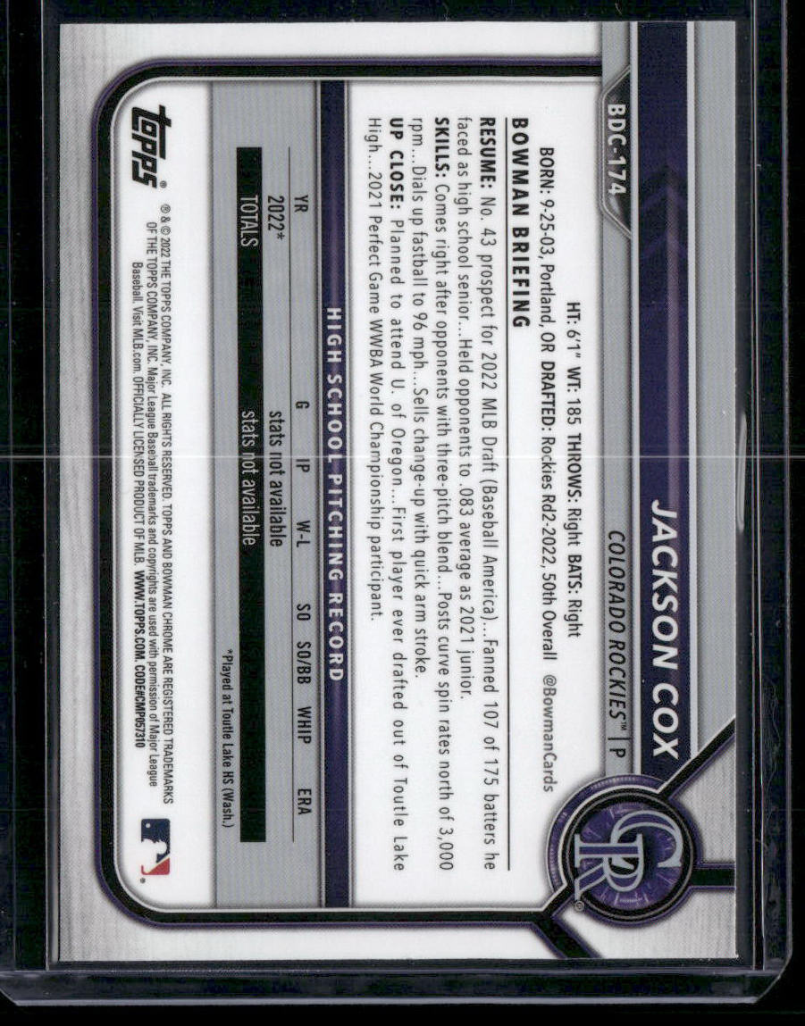 2022 Topps Bowman Draft Chrome Jackson Cox #BDC-174 Black & White WaveRay 1st