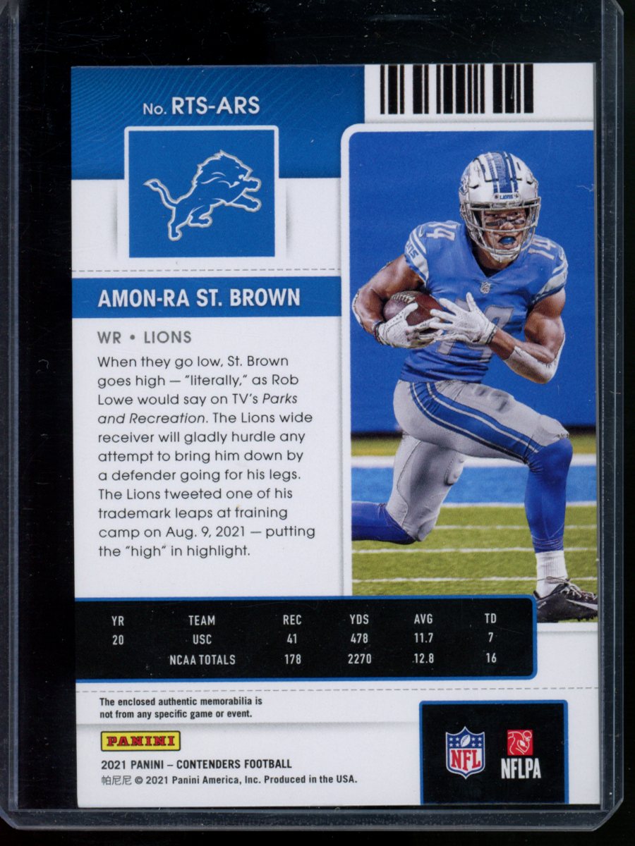2021 Panini Contenders Amon-Ra St. Brown #RTS-ARS Patch Green RC Rookie Ticket