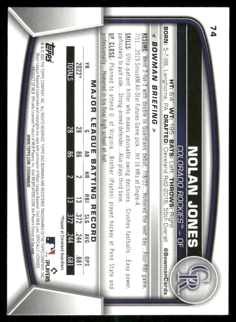 2023 Bowman Nolan Jones #74 RC Baseball