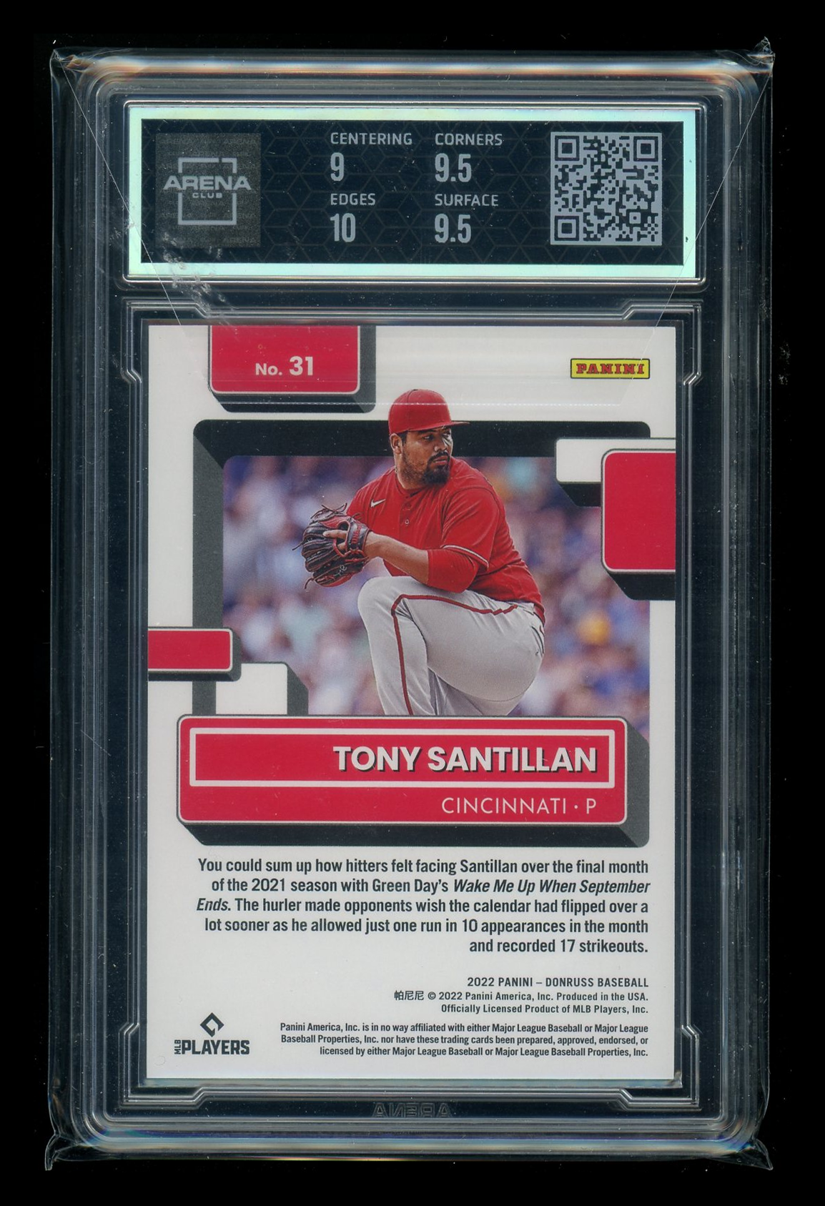 2022 Panini Donruss Rated Rookie Career Stat Tony Santillan #31 011/291 AC 9.5