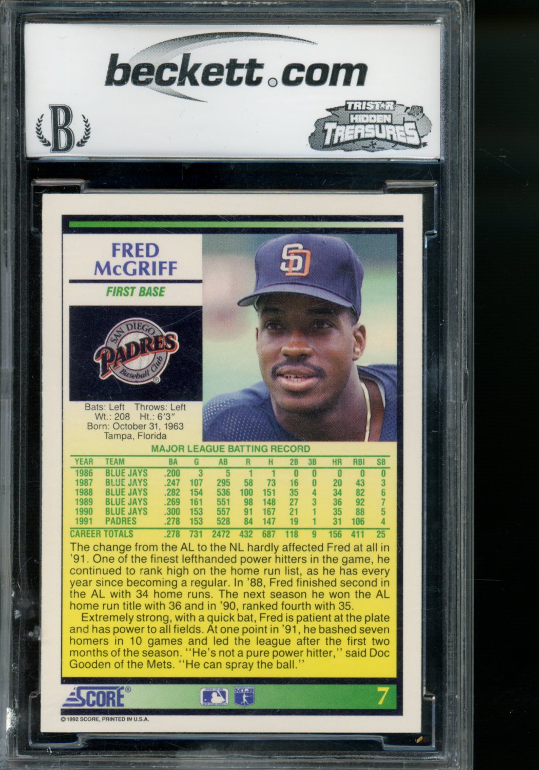 1992 Score Fred McGriff #7 Baseball BCCG 10