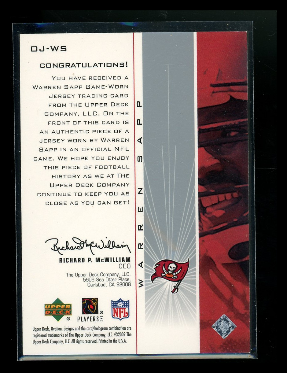2002 Upper Deck Ovation Jerseys Warren Sapp #DJ-WS Game-Worn Jersey Football