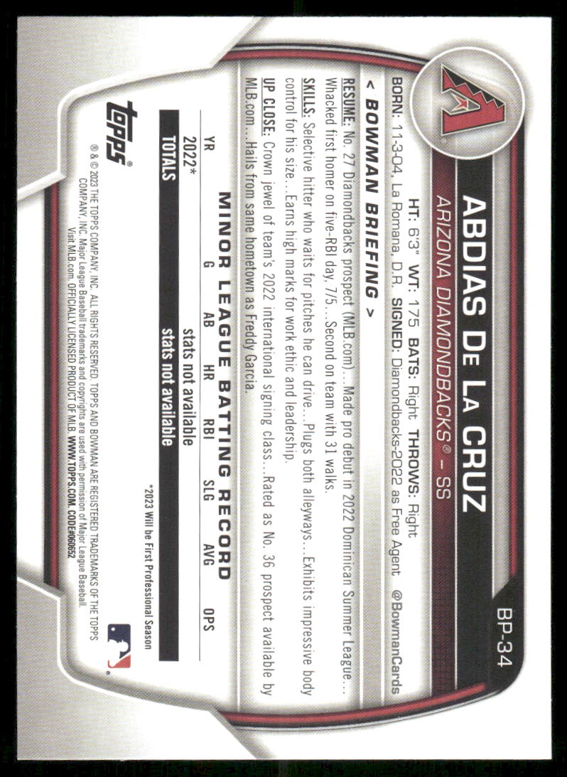 2023 Bowman Abdias De La Cruz #BP-34 1st Bowman Baseball