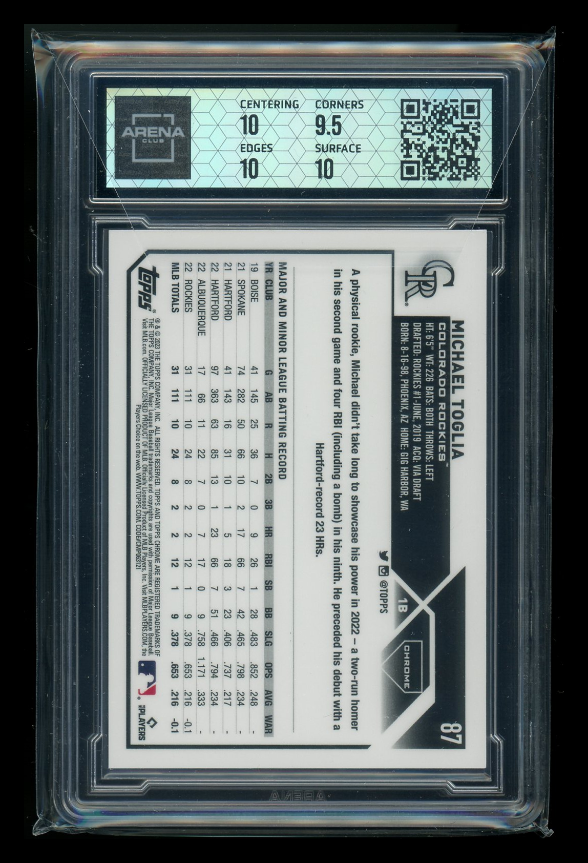 2023 Topps Chrome Michael Toglia #87 Blue Sonar Refractor 021/125 RC AC 10