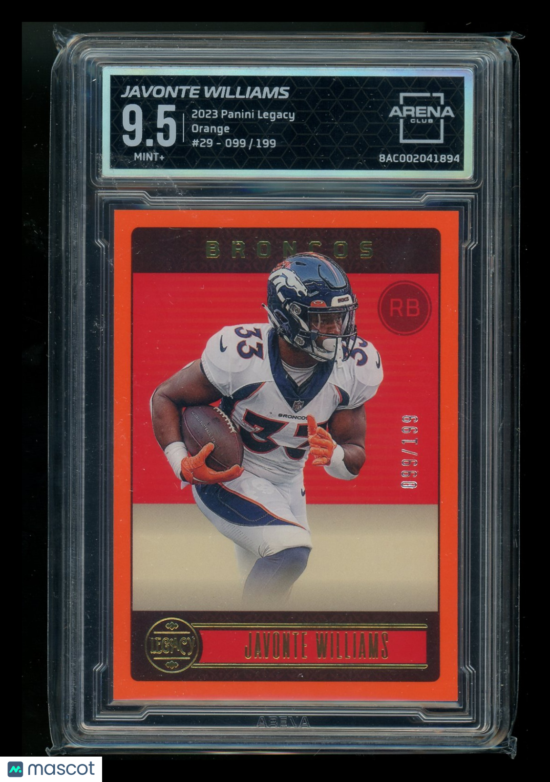 2023 Panini Legacy Orange Javonte Williams #29 099/199 Football Arena Club 9.5