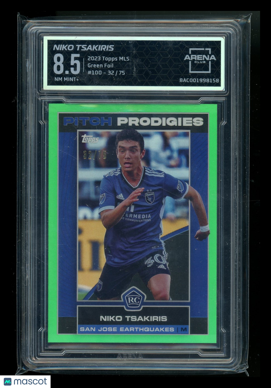 2023 Topps MLS Green Foil Niko Tsakiris #100 32/75 RC Soccer Arena Club 8.5