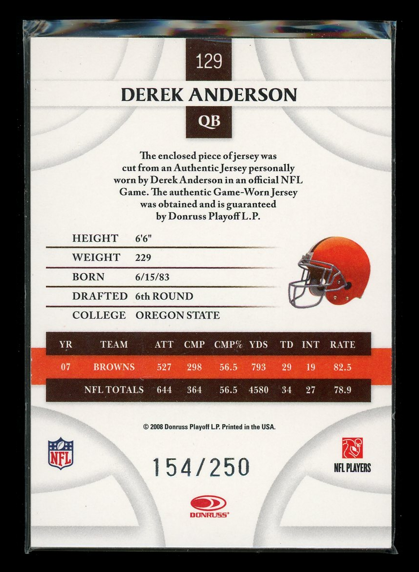 2008 Donruss Threads Derek Anderson #3 154/250 Game-Worn Jersey Football