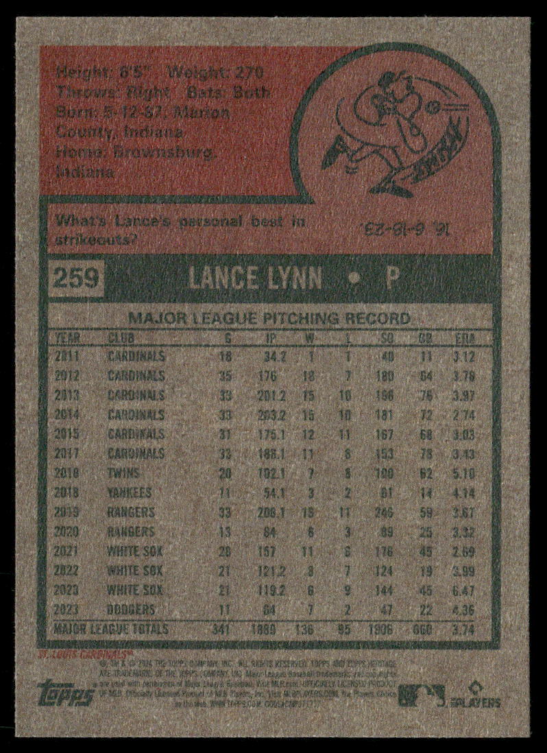 2024 Topps Heritage Lance Lynn #259 Baseball