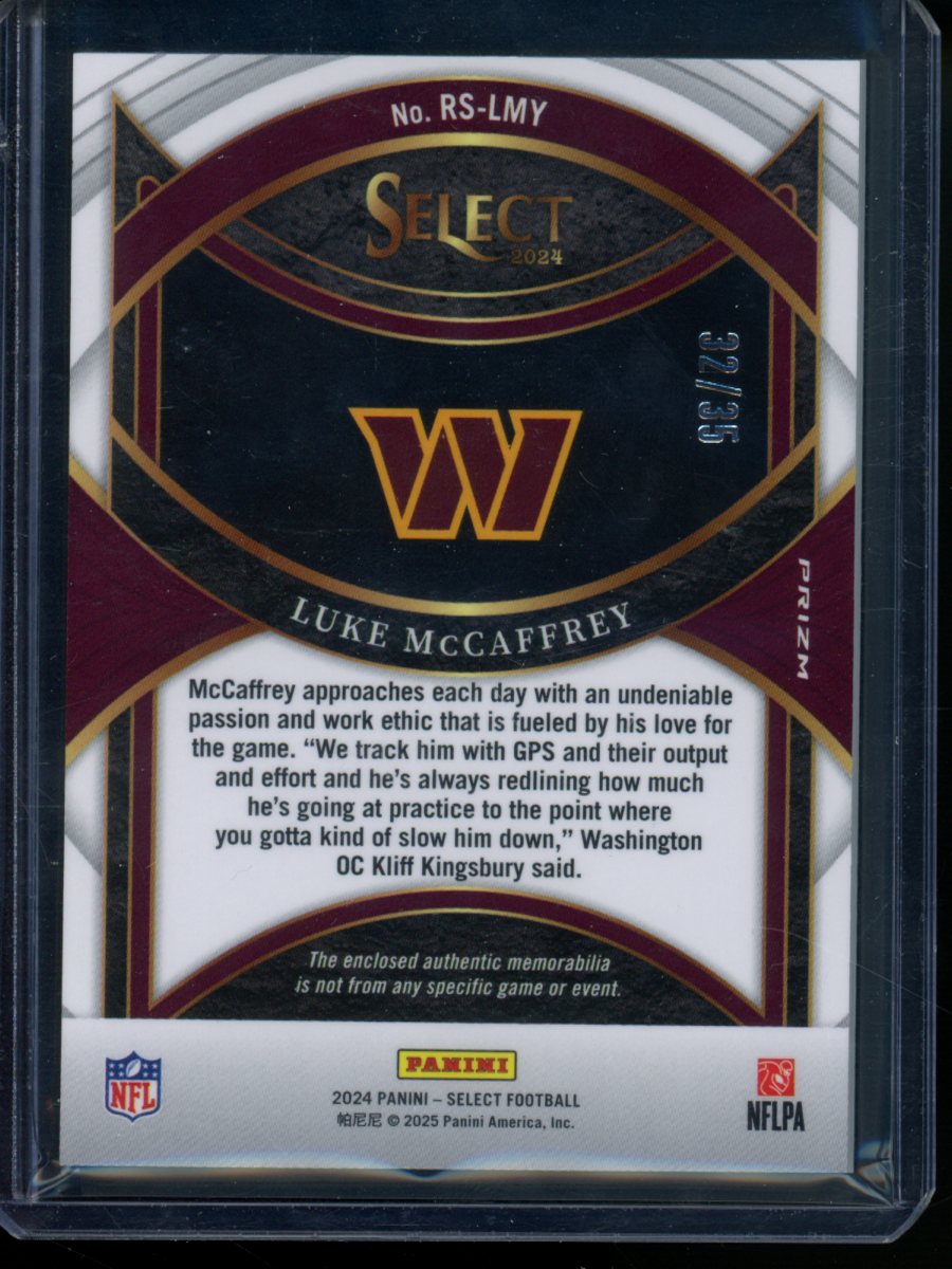 2025 Panini Select Football Luke McCaffrey #RS-LMY Prizm Patch Rookie RC 32/35