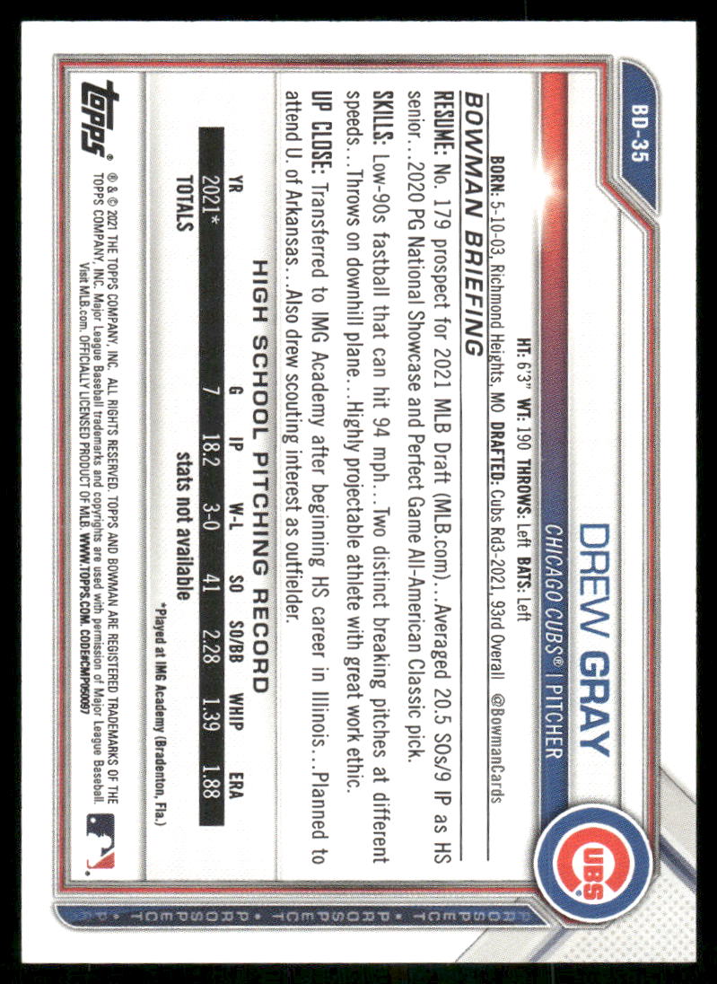 2021 Bowman 1st Edition Drew Gray #BD-35 1st Edition Baseball