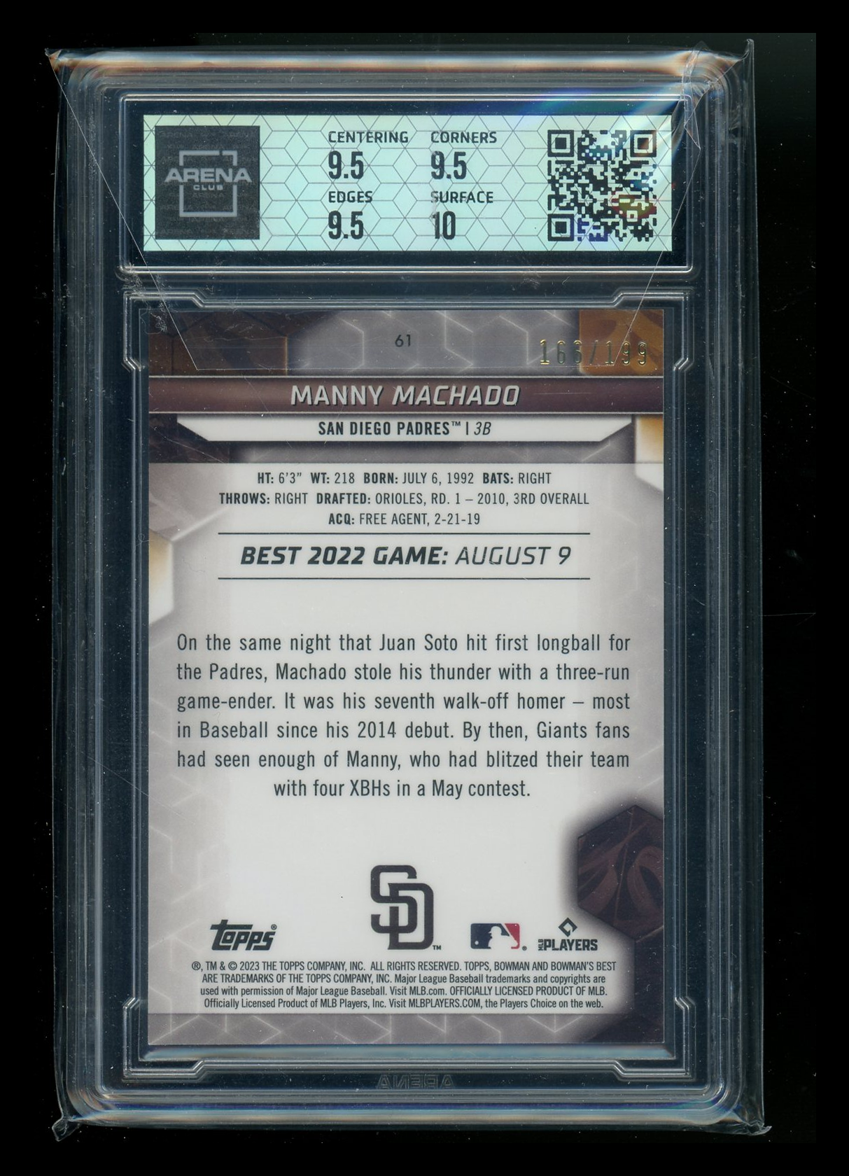 2023 Bowman's Best Aqua Lava Refractor Manny Machado #61 163/199 Arena Club 10