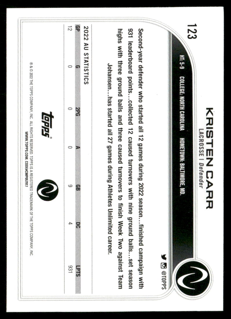 2023 Topps Athletes Unlimited Kristen Carr #123 Lacrosse