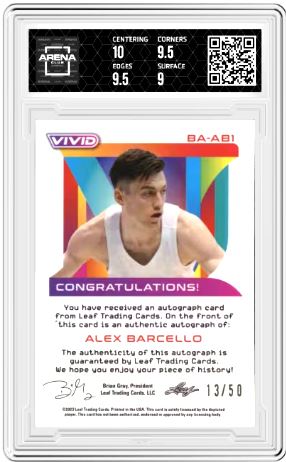 2022-23 Leaf Vivid Alex Barcello #BA-AB1 Auto 13/50 Basketball Arena Club 9.5