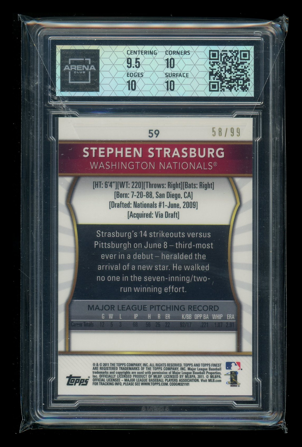 2011 Topps Finest Orange Refractor Stephen Strasburg #59 Refractor 58/99 AC 10