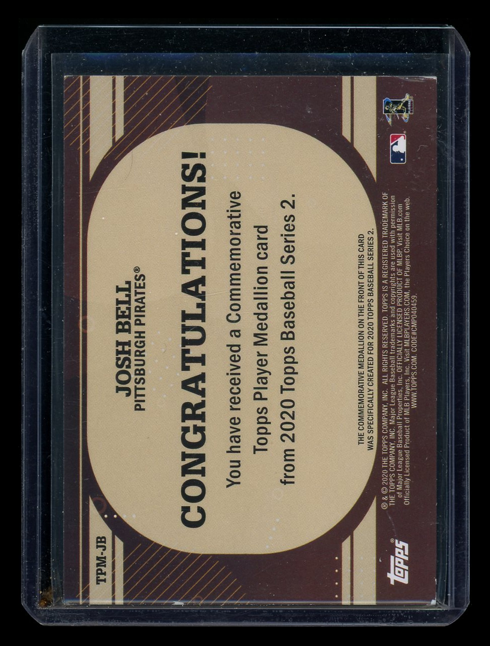 2020 Topps Baseball Series 2 Josh Bell #TPM-JB Commemorative Player Medallion