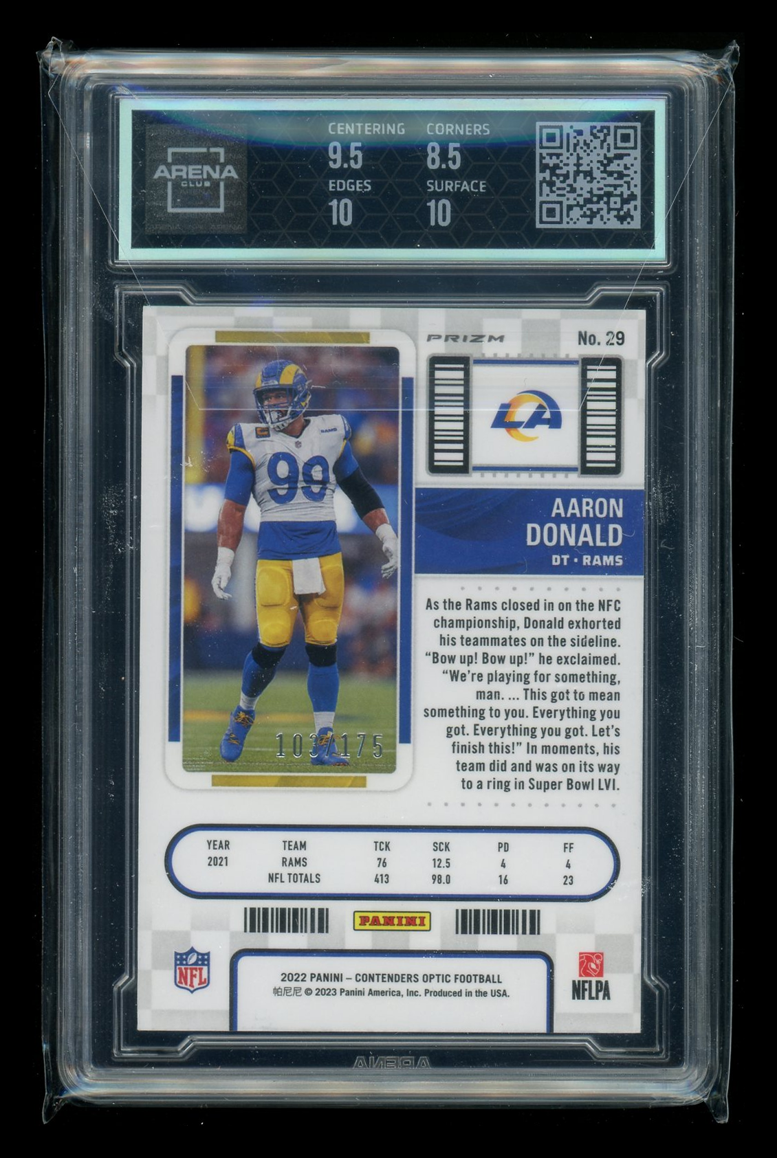 2022 Panini Contenders Optic Red Aaron Donald #29 103/175 Football Arena Club 9