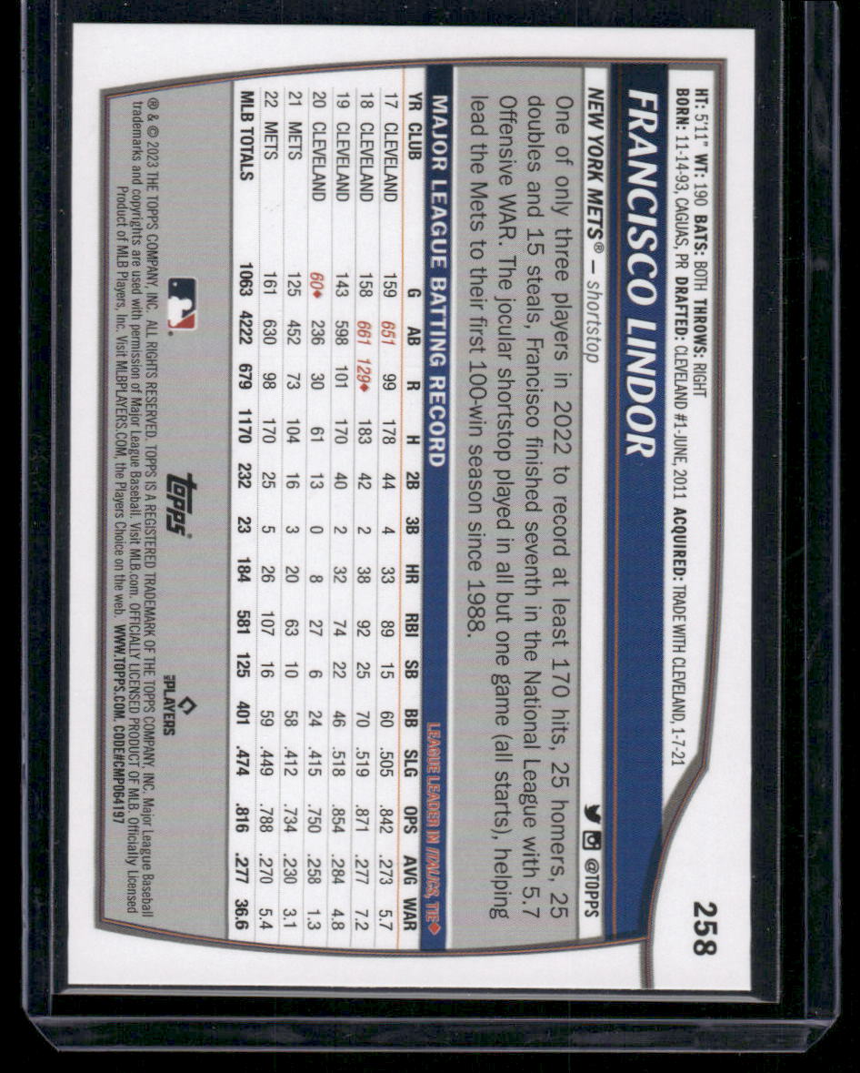 2023 Topps Big League Francisco Lindor #258 Blue Foil Baseball