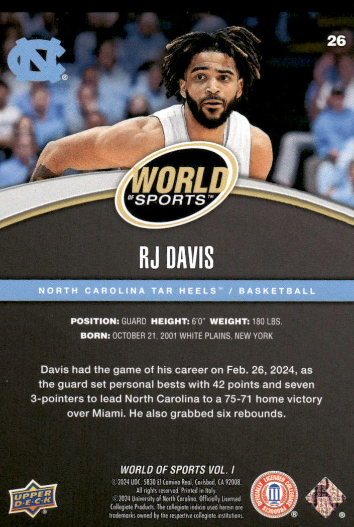 2025 Upper Deck World Sports RJ Davis #26 / Basketball
