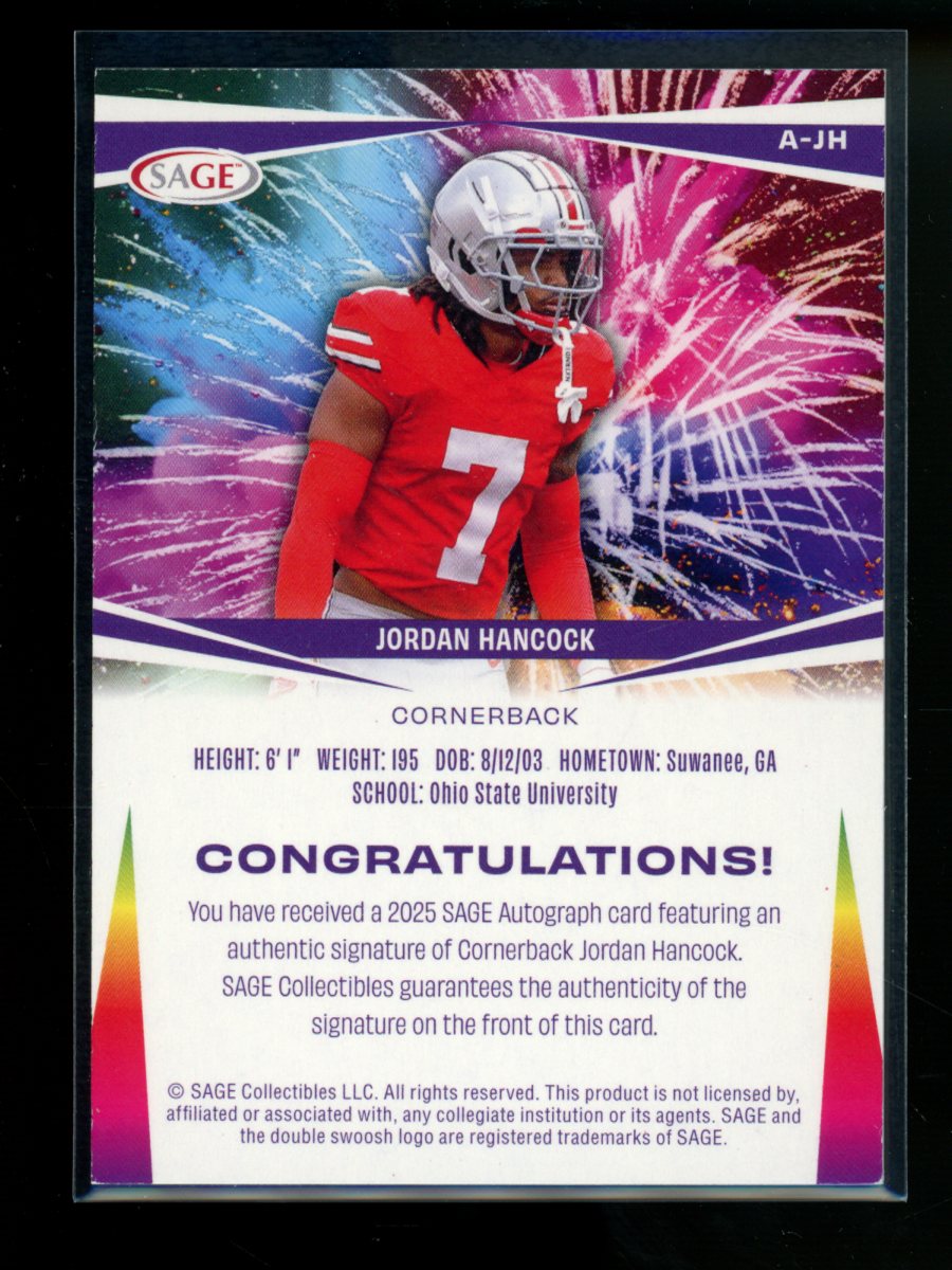 2025 SAGE Jordan Hancock #A-JH 15/100 Autograph Football