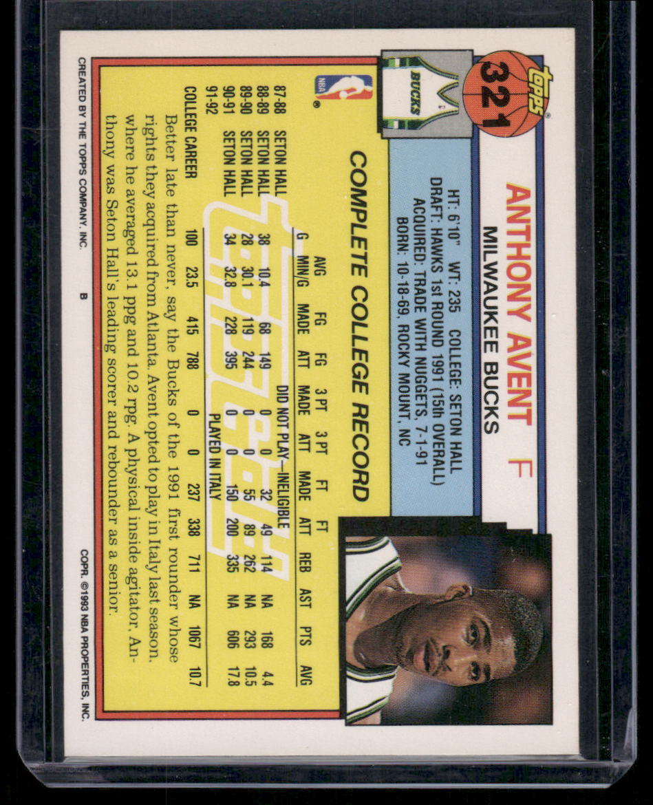 1993 Topps Anthony Avent #321 Gold Basketball