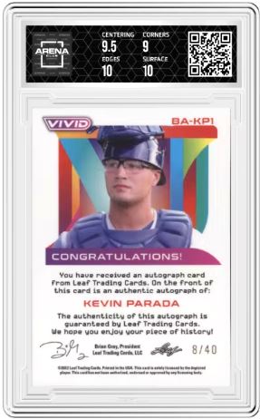 2022 Leaf Vivid Kevin Parada #BA-KP1 Auto Grey 08/40 Baseball Arena Club 9.5