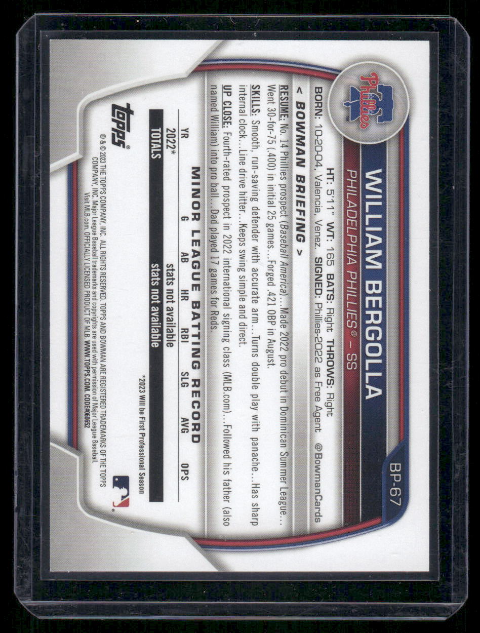 2023 Bowman William Bergolla #BP-67 Blue 028/150 Baseball