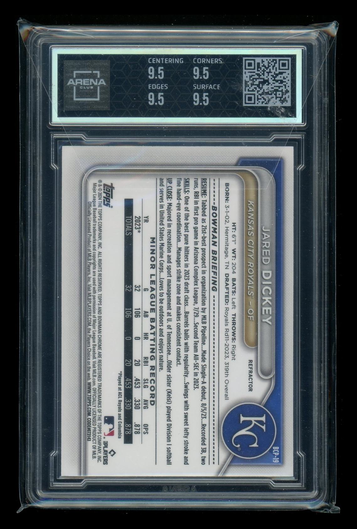 2023. Bowman Chrome Prospect Refractor Jared Dickey #BCP-19 237/499 AC 9.5