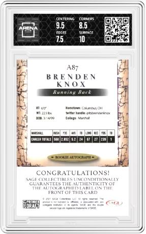 2021 SAGE Premier Draft HS Brenden Knox #A87 Rookie Autographs Red AC 8