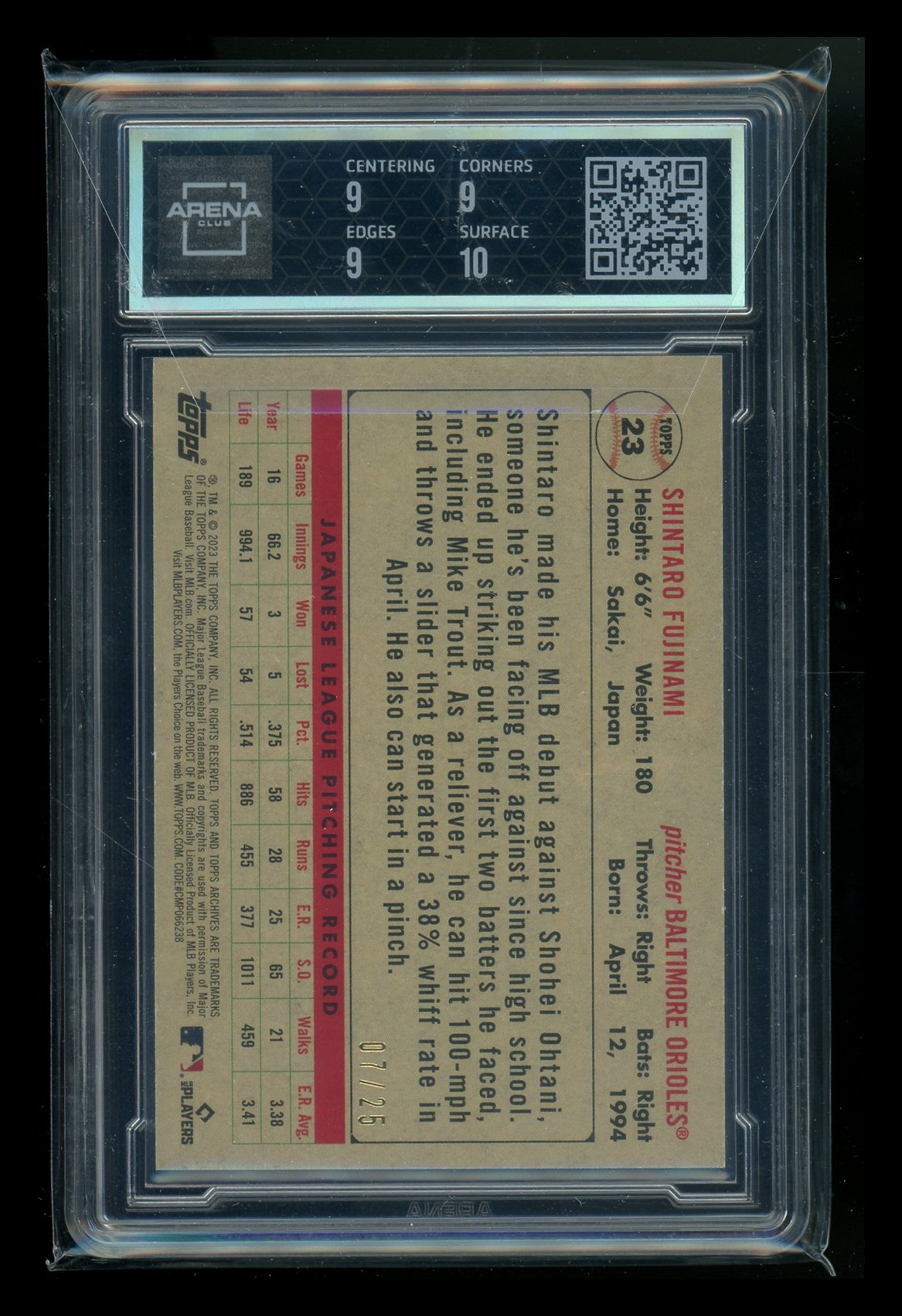 2023 Topps Archives Blue Foil Shintaro Fujinami #23 07/25  Arena Club 9.5