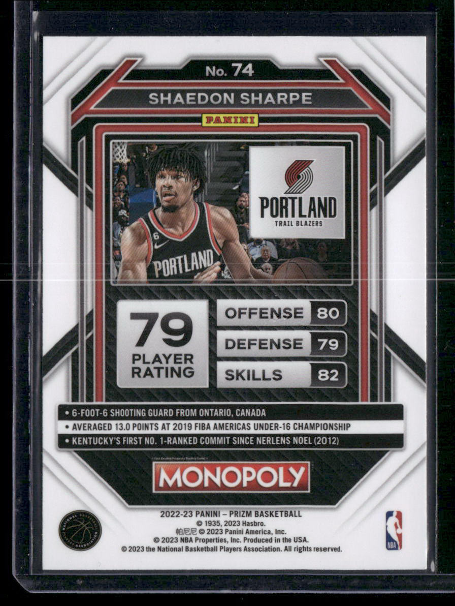 2022 Panini Prizm Monopoly Shaedon Sharpe #74 RC Basketball