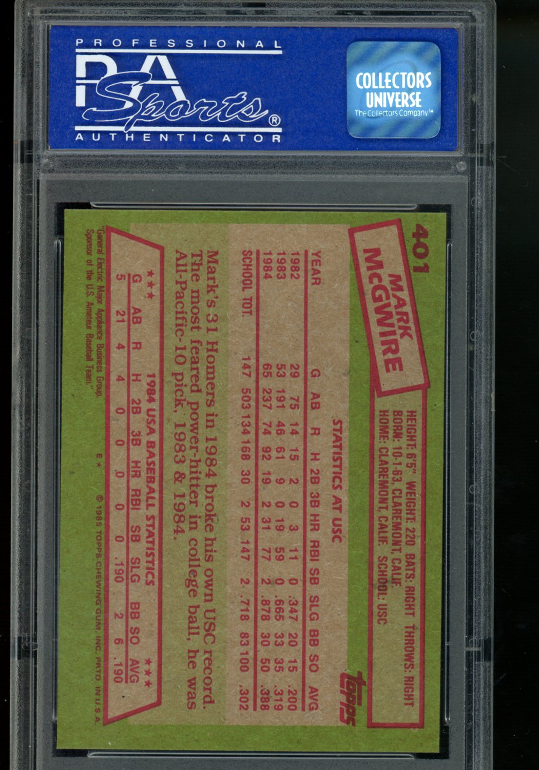 1985 Topps Mark Mcgwire #401 1984 Usa Baseball Team Baseball PSA 7