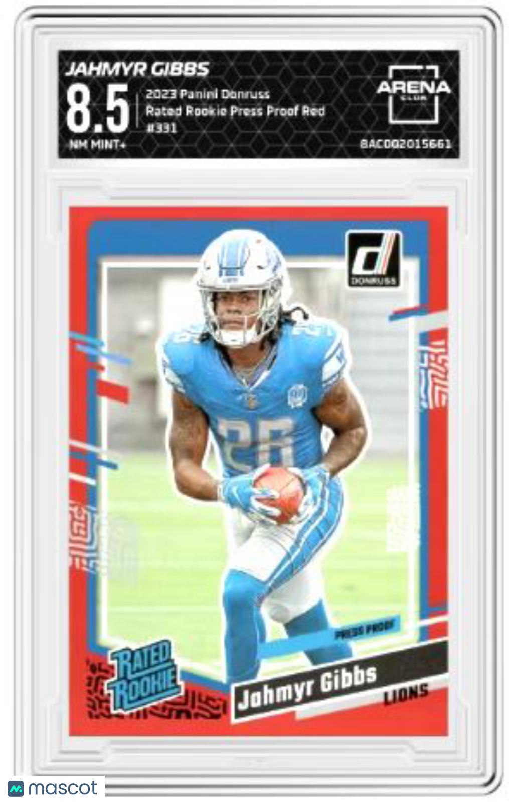 2023 Panini Donruss Jahmyr Gibbs #331 Press Proof Red Rated Rookie AC 8.5