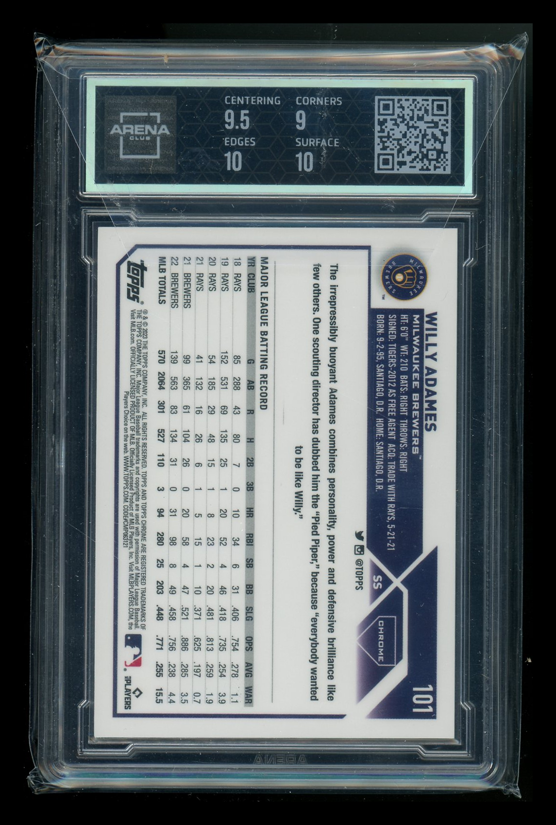 2023 Topps Chrome Purple Speckle Refractor Willy Adames #101 263/299 AC 9.5