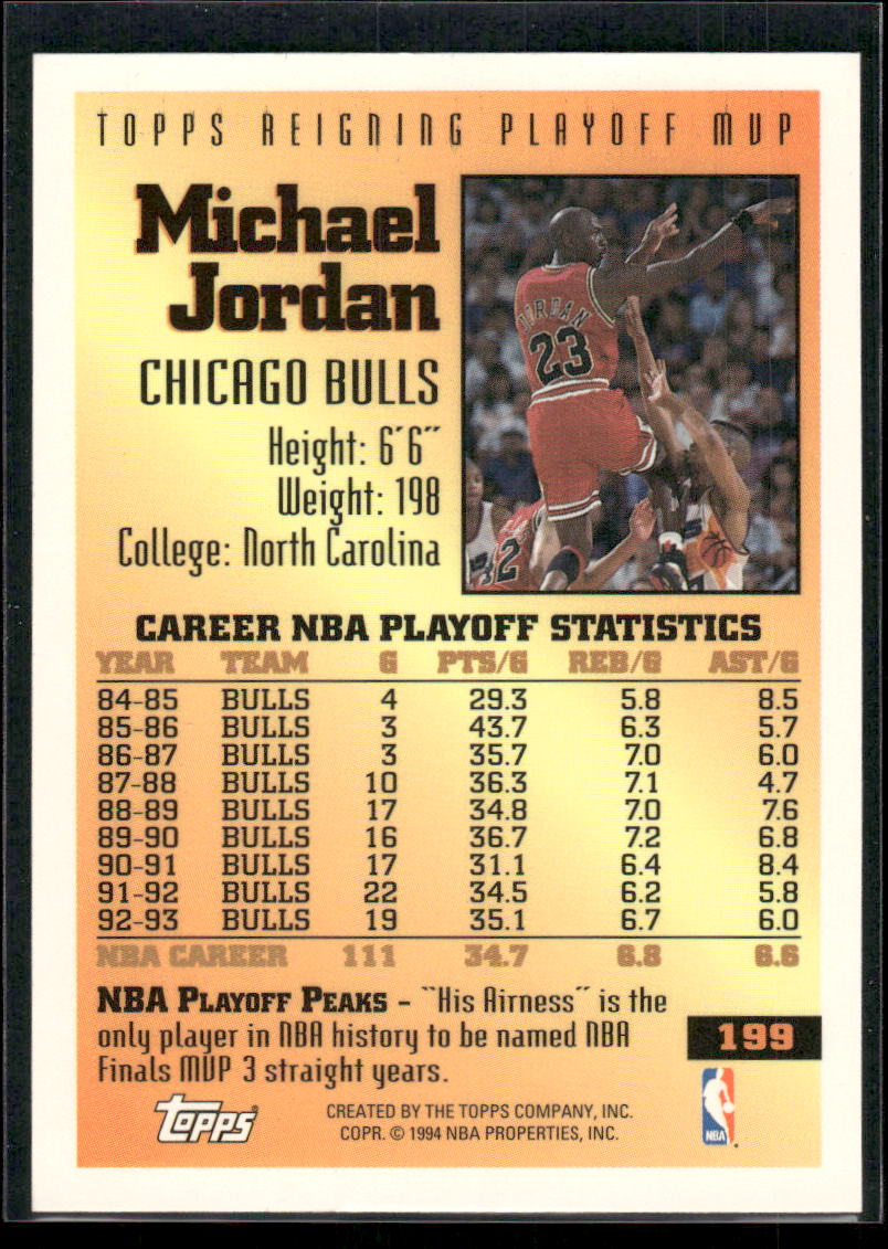 1994 Topps Reigning Playoff MVP Michael Jordan #199 Basketball